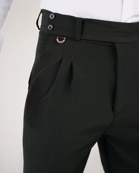 شلوار پارچه ای کمر انگلیسی پارچه مازراتی رنگ سبز فرمی فوق‌العاده شیک