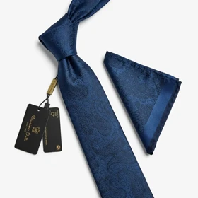 کراوات و پوشت دستدوز طرح پیچک و جقه برند Massimo Dutti (آبی)