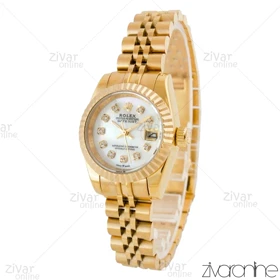 ساعت رولکس دیت جاست زنانه طلایی سفید ایندکس نگین‌دار اسمال 104536