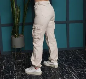 شلوار کارگو کتان دمپا بنددار پارچه ترک قد 100 و 105