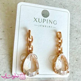 گوشواره آویز زنانه ژوپینگ طلایی مدل کریستال سفید اشکی کد 3491