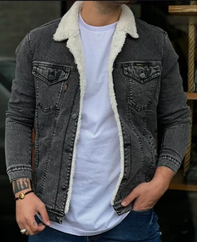 کت جین دودی مردانه خز بره ای اسلیم فیت