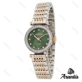 ساعت الکسا 2004z زنانه سیلور رزگلد صفحه سبز دورنگین w-10120