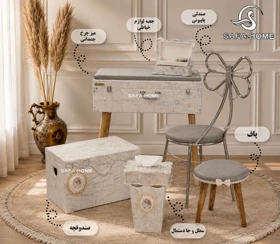 ست میز چرخ خیاطی چمدانی مدل دوژان طوسی پتینه سفید