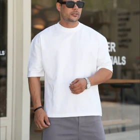 تیشرت لش باکسی سفید مردانه ساده بیسیک پارچه ماکان