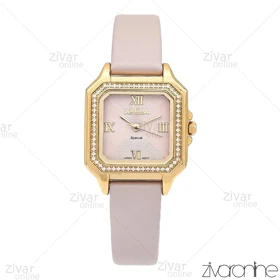 ساعت الکسا اسپشیال A2019 زنانه طلایی صورتی دور نگین بند چرمی 106216