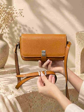 کیف چرم عسلی نارنجی فلوتر چرم اصل گاوی