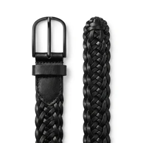 کمربند بافت حصیری چرم طبیعی طرح هلالی برند Crown Smith (مشکی)