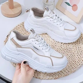 کتانی اسپرت لژدار طبی مدل چونه فانتزی سفید کرم Women’s Chunky Platform Orthopedic White Cream Fashion Sneakers