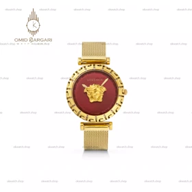ساعت مچی ورساچه بند حصیری طلایی صفحه قرمز Versace