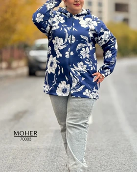 هودی کرک‌دار زنانه سایز بزرگ طرح گل زمینه سرمه ای