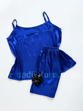 ست لباس خواب تاپ و شورتک ساتن ساده آبی کاربنی