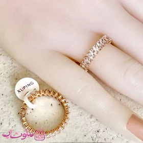 انگشتر زنانه ژوپینگ تنیسی مدل نگینهای باگتی اریب طلایی کد 4991