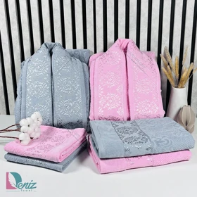 حوله ست دو نفره ژاکارد رنگ طوسی و صورتی