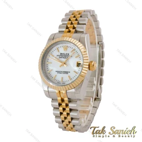 ساعت رولکس زنانه مدیوم دورنگ طلایی صفحه سفید صدف خطی Rolex-5209-L