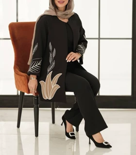 مانتو کتی مشکی گلدوزی برگ محرمی