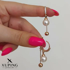 گوشواره آویز مروارید پرورشی و گوی ژوپینگ با روکش طلا