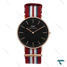 ساعت مردانه DW رزگلد صفحه مشکی بند برزنتی قرمز آبی سفید DW-7236-G