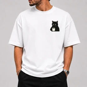 تیشرت طرح Black Cat با ماگ سفید قواره باکسی - پارچه دو نخ پنبه