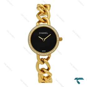 ساعت شنل زنانه بند کارتیری طلایی صفحه مشکی دورنگین Chanel-7959-L