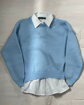 بلوز بافت یقه شومیزی کد 150091 (آبی)