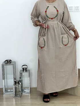 پیراهن ململ گلدوزی دوجیب U7470 (کرمی)