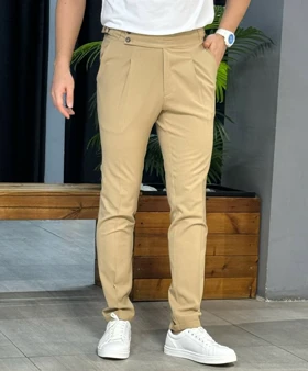 شلوار مام فیت پارچه ای کمر انگلیسی کرم