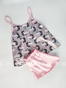 ست لباس خواب تاپ و شورتک ساتن طرح گربه و قلب