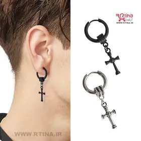 گوشواره حلقه‌ای آویز صلیب مشکی و نقره ای زنانه و مردانه