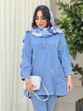 مانتو جین جلو بسته یقه دو دکمه