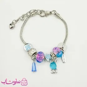 دستبند دخترانه پاندورا نرم استیل نقره ای آبی