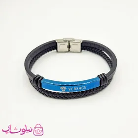 دستبند پسرانه چرم و استیل مدل ورساچه آبی