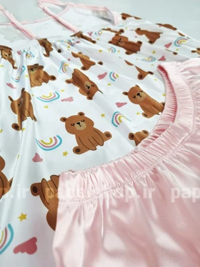 ست لباس خواب تاپ و شورتک ساتن طرح خرس