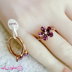انگشتر زنانه ژوپینگ طلایی مدل گل بنفش کد 3291