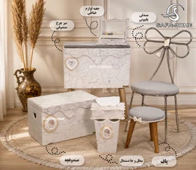 ست میز چرخ خیاطی مدل دوژان طرح کرم پتینه طوسی