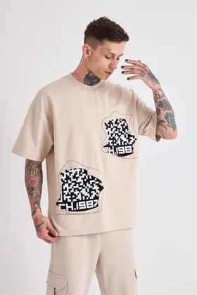 تیشرت مردانه Dama Patch Oversize Beige روشن M1966