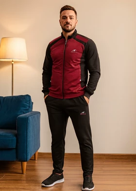 ست گرمکن و شلوار ماراتن استرج شمعی مردانه مشکی زرشکی