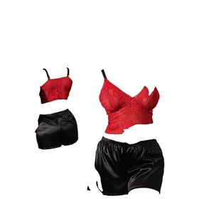 ست نیم‌تنه و شورتک ساتن مشکی قرمز برند آی تن کد 4080