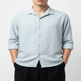 پیراهن مردانه آستین بلند، آبی آسمانی پارچه شانتون، قواره آزاد کد 1001
