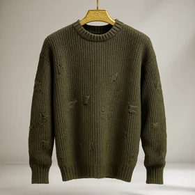 پلیور بافت سبز زیتونی یقه گرد زاپ پروانه ای مینیمال فری سایز لش