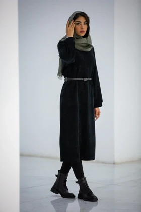 پالتو بلند کفتان زنانه یقه گرد بیسکوییتی