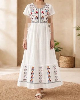 پیراهن زنانه گلدوزی آستین کوتاه هندی SH7636 (سفید)