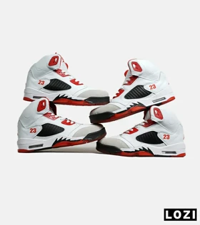 کتانی ساق‌دار زنانه و مردانه سفید مشکی قرمز Nike air jordan 5