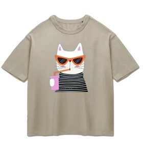 تیشرت باکسی پپا طرح KittyCat رنگ خاکی