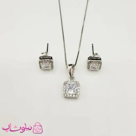 نیم ست زنانه نقره ظریف وارداتی عیار 925 مدل جواهری نگین مربع سفید وزن 3/620 گرم کد 4082