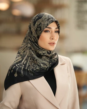 روسری ابریشم توییل قواره 90 30184 (مشکی کرم)