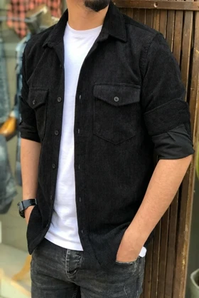 پیراهن مشکی مخمل کبریتی مردانه بافت درشت کیفیت بالا کد 505