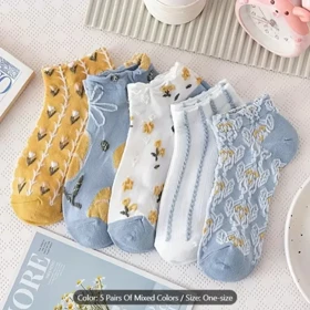 پک 5 جفت جوراب نازک فانتزی گل‌دار زنانه