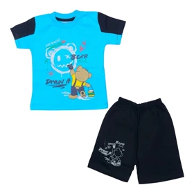 ست تیشرت آستین کوتاه و شلوارک پسرانه مدل خرس PJ1142 رنگ آبی