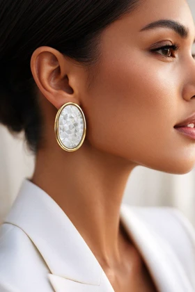 گوشواره بیضی صدفی با قاب طلایی